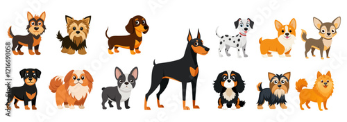 Cartoon set dogs and puppies. Collection doggy characters.Happy friendly canine animals. Rottweiler, cavalier king charles spaniel, corgi, dalmatian,doberman,chihuahua,dachshund french bulldog.Vector 