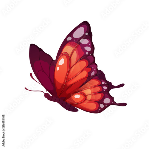 Red butterfly on white background. Colorful winged insect. Vector cartoon illustration