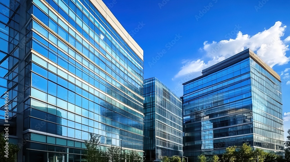 Fototapeta premium Modern office buildings with blue glass windows against the sky, showcasing architectural design and modern architecture in the cityscape.