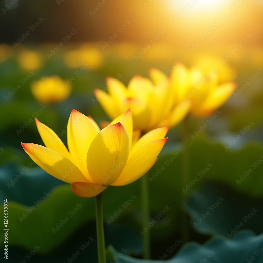 Warm sunlight illuminates a radiant yellow flower, bright, blooming, warm light Warm sunlight illuminates a radiant yellow flower, bright, blooming, warm light
