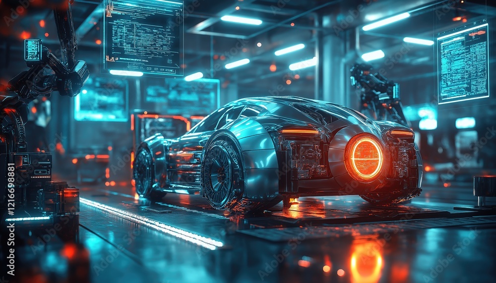 Futuristic Car Production Robot Assembling Vehicle in Advanced Factory Futuristic Car Production Robot Assembling Vehicle in Advanced Factory