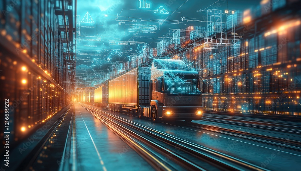 Fototapeta premium Digital Logistics Truck Transport in Futuristic Automated Warehouse