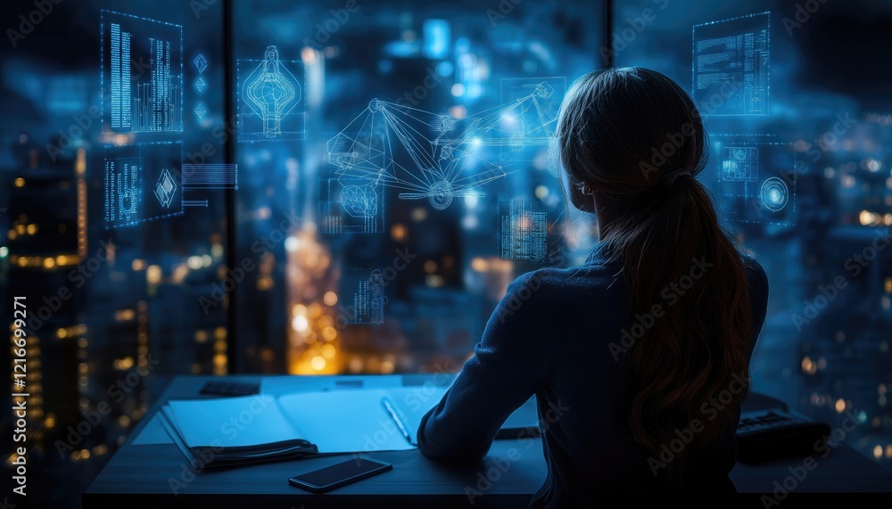 Tech Professional Analyzing Data at Night in Modern City Office Tech Professional Analyzing Data at Night in Modern City Office