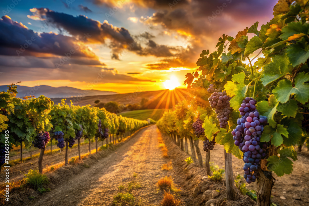 Fototapeta premium Lush vineyard at sunset with vibrant grapes and dramatic lighting