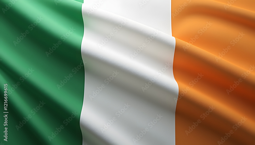 Waving Irish flag featuring green, white, and orange colors with smooth fabric texture Waving Irish flag featuring green, white, and orange colors with smooth fabric texture