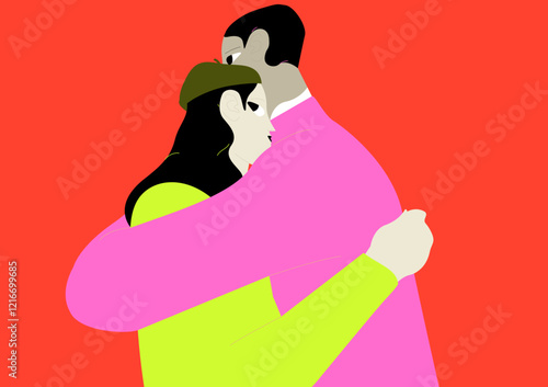 Romantic couple hugs on design of Valentine's Day card. Girlfriend and boyfriend love each other, cuddle together on 14 February postcard. Happy lovers, beloveds embrace. Flat vector illustration