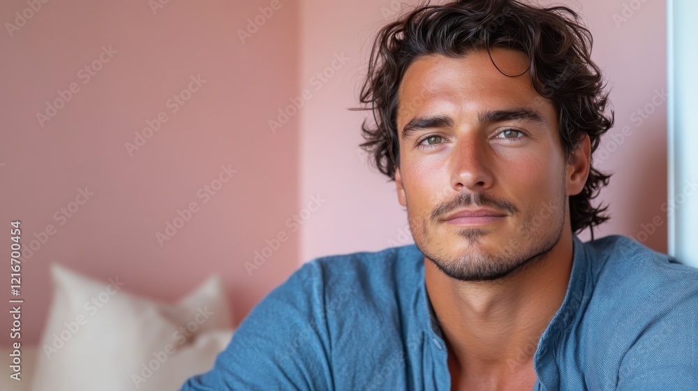 Obraz premium portrait of a handsome man with moustache in the blue shirt on the pink background