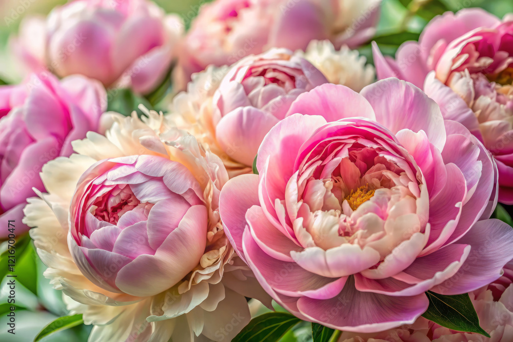 Lush pink and white peonies in full bloom, showcasing vibrant petals and beauty Lush pink and white peonies in full bloom, showcasing vibrant petals and beauty
