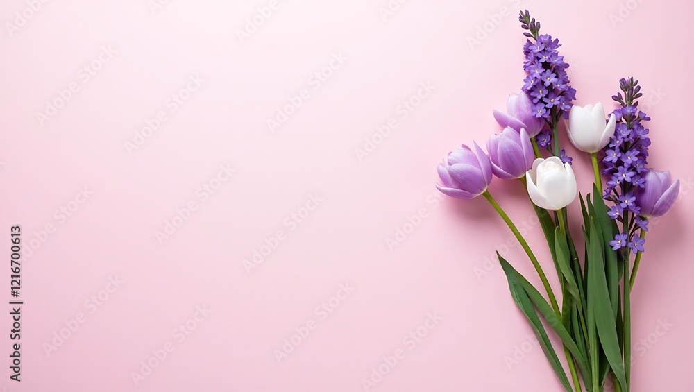 Obraz premium Beautiful bouquet of purple and white flowers on pastel background for International Women's Day