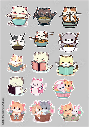 Sticker set of cute cat with ramen, books and basket.Pet animal character cartoon design.Image for card,sticker,baby clothing.Kawaii.Illustration.