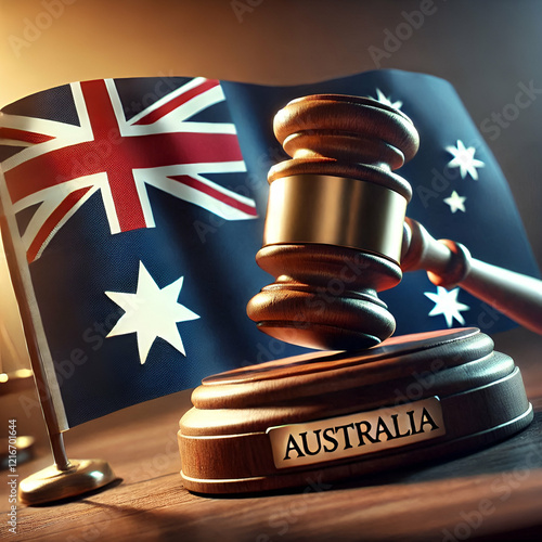 An impactful image featuring the Australia flag alongside a judges gavel, symbolizing justice, law, A strong representation of legal authority and regional.