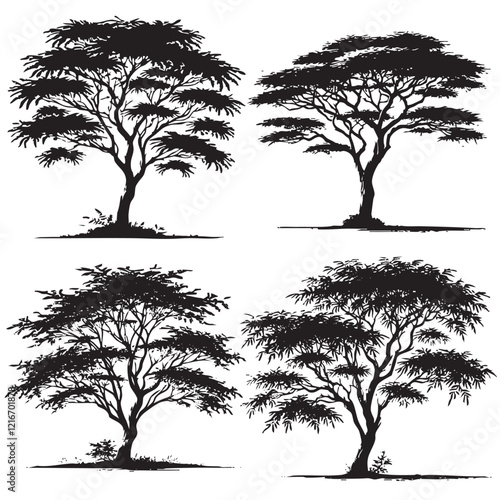 Vector Detailed Black Silhouette of the Tamarisk Tree on White Background" 