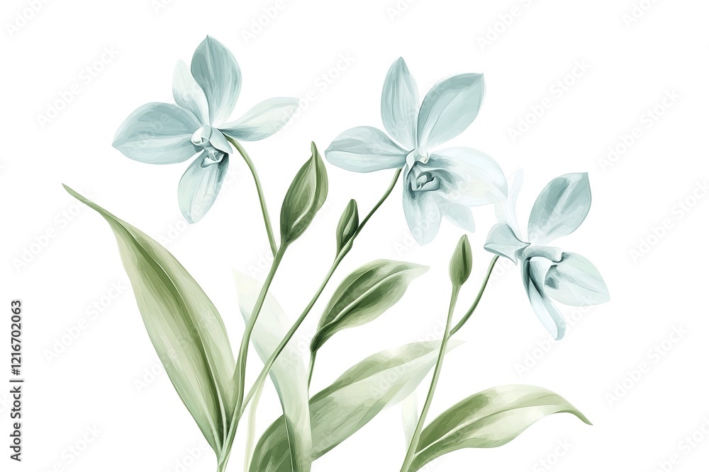 Fototapeta premium Serene Light Blue Orchids: Elegant Floral Illustration for Design Projects, Websites, and Print art 