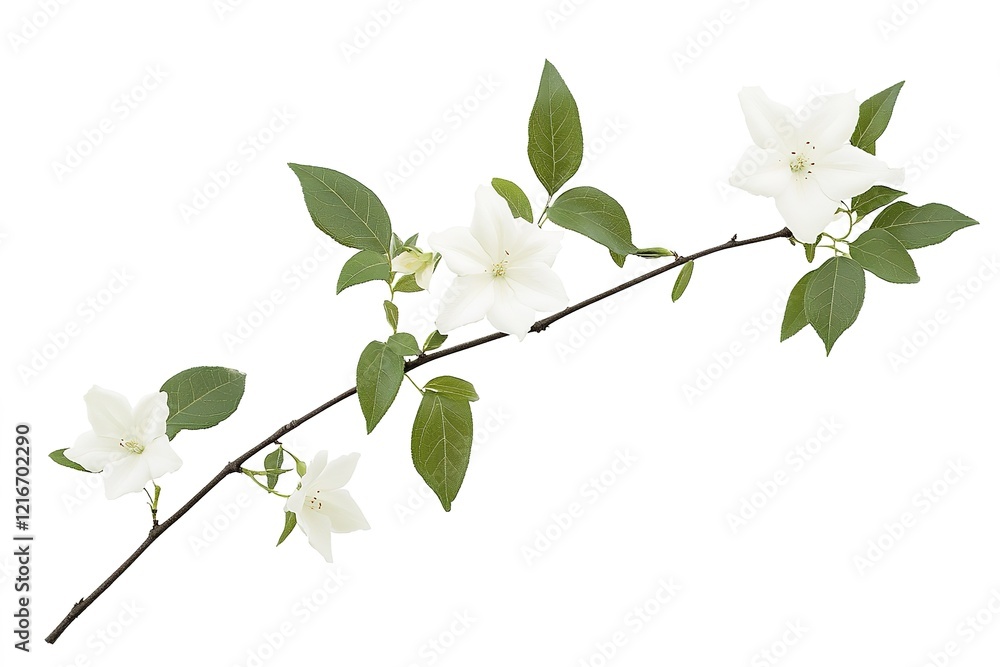 Obraz premium Fragrant White Jasmine Blossom: Close-up of Delicate Flower and Lush Green Leaves, Perfect for 