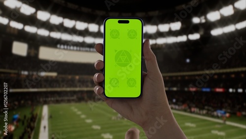 GREEN SCREEN CHROMA KEY A hand holding a phone with a green screen at an American football game in a stadium at night, perfect for showcasing live sports or betting apps