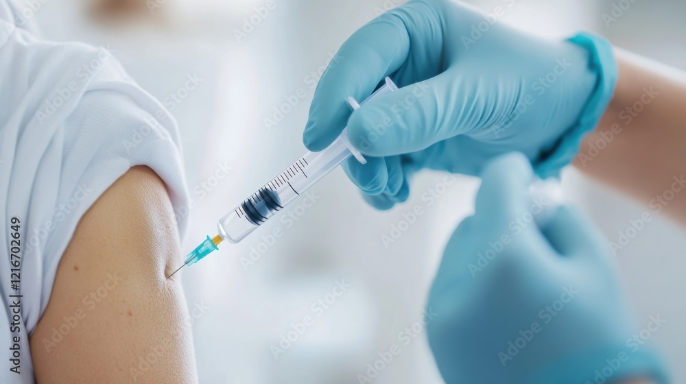 A close-up of a nurse administering a vaccine with a focus on the syringe and patient’s arm, set against a clean, clinical backdrop A close-up of a nurse administering a vaccine with a focus on the syringe and patient’s arm, set against a clean, clinical backdrop