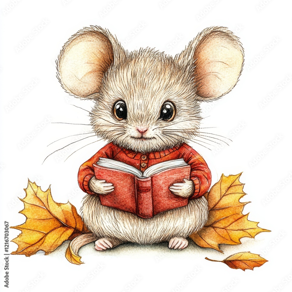 Obraz premium Adorable Tiny Mouse in Red Shirt Reading a Book, Cozy Autumn Illustration with Bright Colors