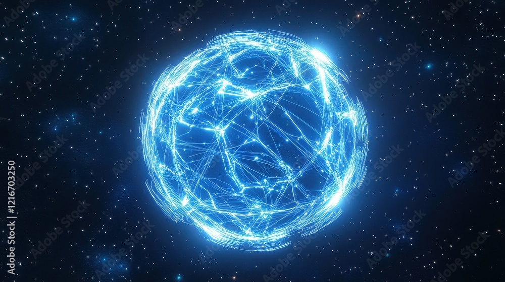 Naklejka premium A glowing globe of interconnected neon lines, representing digital networks, set against a starry space background; 3D illustration, futuristic, blue and silver hues, high detai