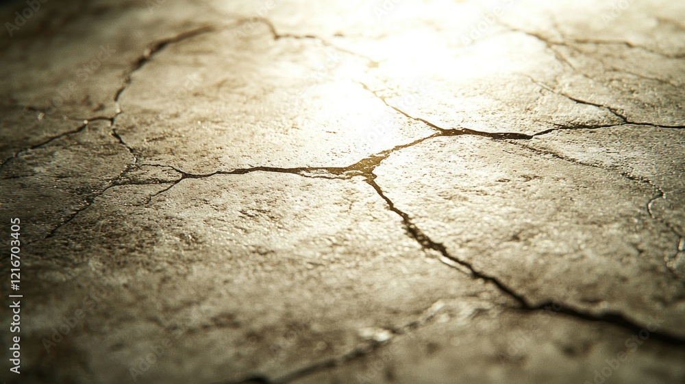 Obraz premium Sunlit cracked desert ground, drought background texture