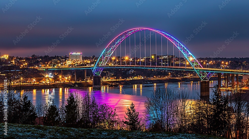 Fototapeta premium Illuminated bridge at night, city skyline, river reflection, winter landscape, travel photography