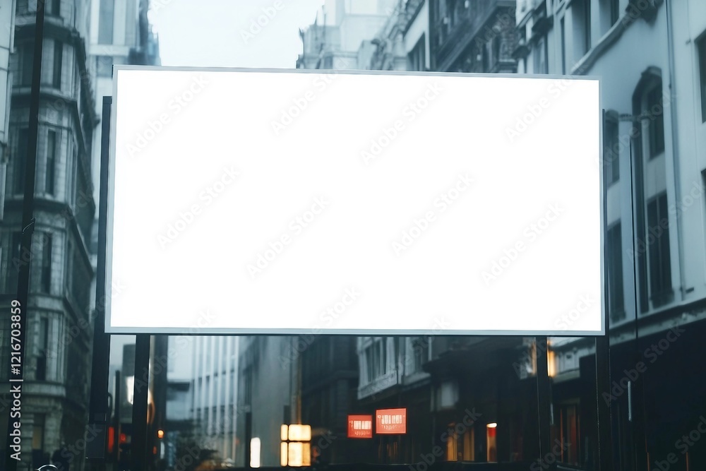 Empty white banner on city building. Public ad and commercial concept. Mock up Empty white banner on city building. Public ad and commercial concept. Mock up