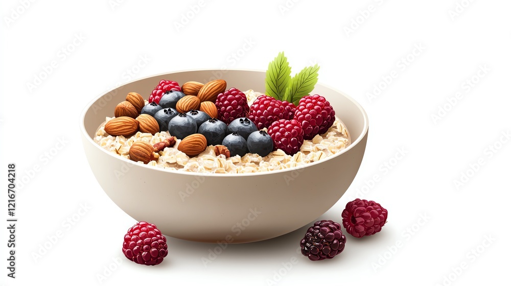 Healthy breakfast bowl with oatmeal, almonds, blueberries, and raspberries on white background. Nutritious and delicious morning meal. Healthy breakfast bowl with oatmeal, almonds, blueberries, and raspberries on white background. Nutritious and delicious morning meal.