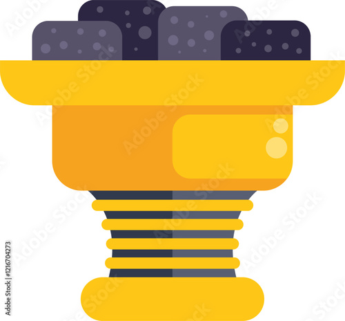 Yellow hookah bowl standing on white background filled with dark flavored tobacco and ready for smoking