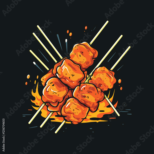Chicken skewers with slices of sweet peppers and dill on a plate vector illustration doodle vector