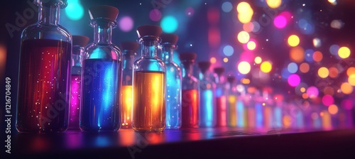 Vivid Colorful Liquids in Test Tubes on a Blurred Laboratory Bench, Perfect for Science