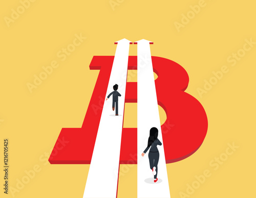 Concept of comparing the performance. Businessman and woman compete in running on the Bitcoin Racetrack.