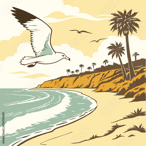 Seagull soaring over a beach landscape