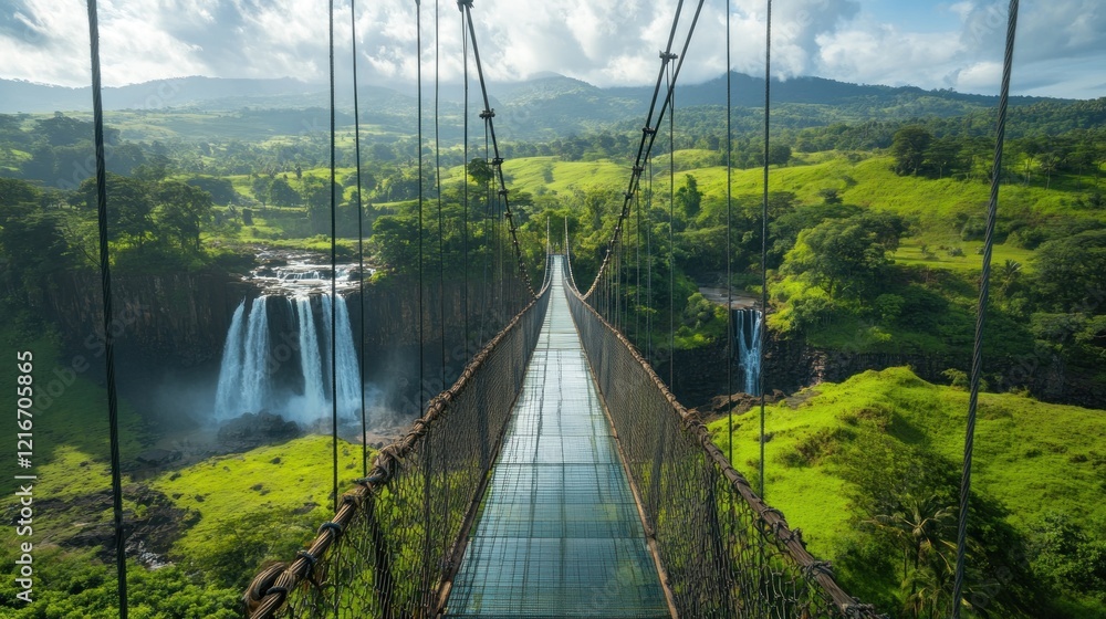Obraz premium Glass bridge over waterfalls in lush green landscape.