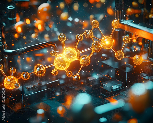 Detailed infographic of chain reaction chemical process representing start of chain reaction where each molecule symbolizes idea catalyzes further innovation visualizing interconnectedness of concepts photo