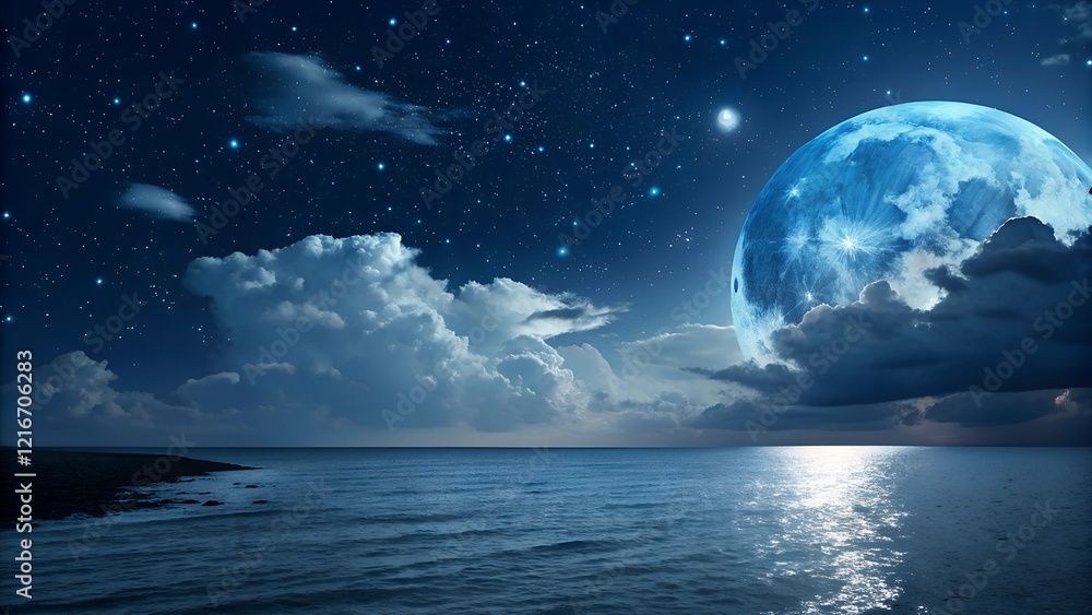 Night sky with blue moon in the clouds over the calm blue sea, many stars in the background Night sky with blue moon in the clouds over the calm blue sea, many stars in the background