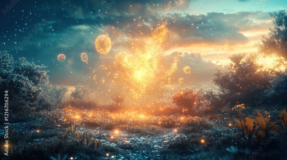Fototapeta premium A surreal image of glowing renewable energy particles transforming into vibrant natural landscapes, futuristic energy metamorphosis.