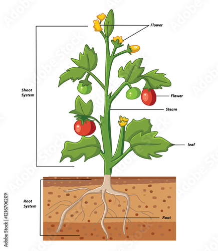 Science of Cute cartoon hand drawn vector tomato plant with leaves, fruits, flowers and root system clipart.