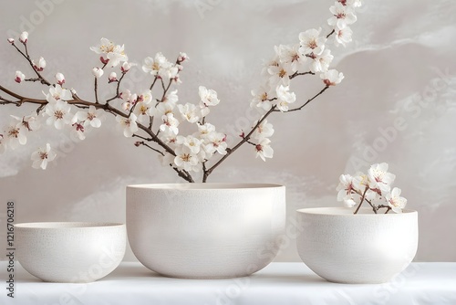 Advanced grey series Modern style white background ceramic textured spring with flower pot geometric outline