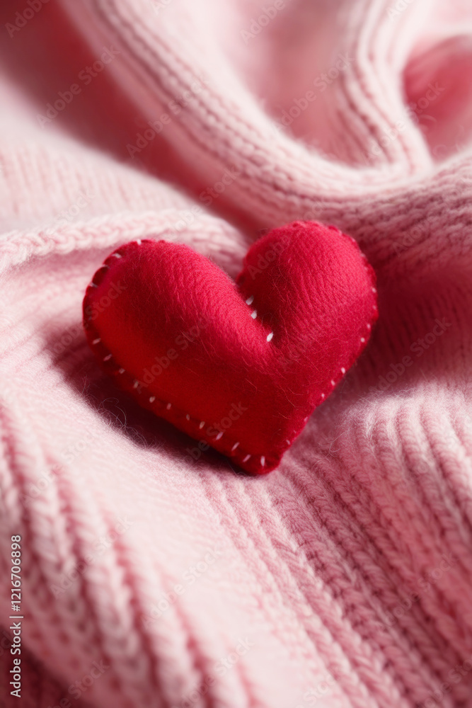 Soft red felt heart on a cozy knitted pink background for Valentine's Day. The warm texture and romantic color palette create a perfect image for Valentine-themed designs, cards, and invitations Soft red felt heart on a cozy knitted pink background for Valentine's Day. The warm texture and romantic color palette create a perfect image for Valentine-themed designs, cards, and invitations