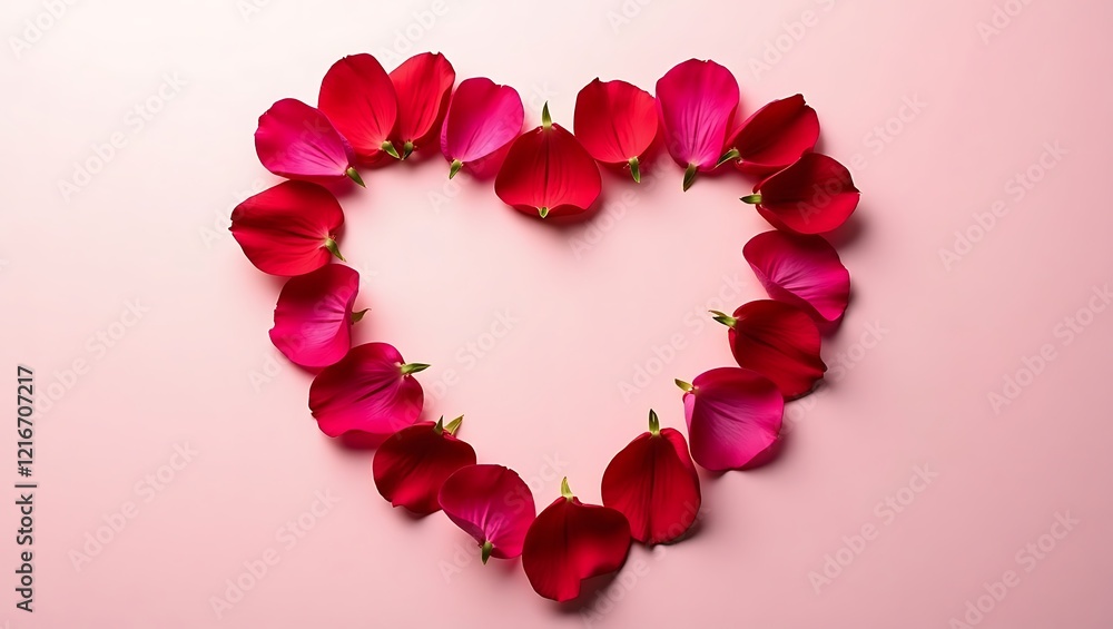 Fototapeta premium Heart-shaped rose petals arrangement with blank space for International Women's Day messages