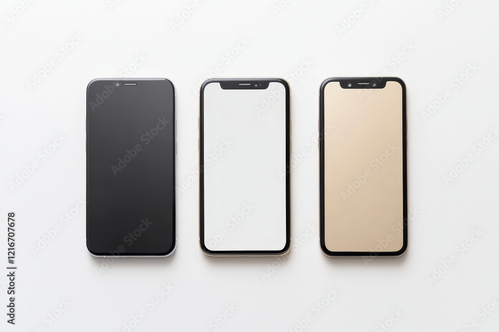 Gold, silver and black smartphones with blank screen, isolated on white background. Template, mockup., Generative AI Gold, silver and black smartphones with blank screen, isolated on white background. Template, mockup., Generative AI
