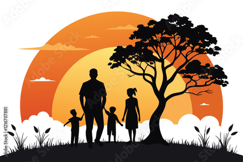 Black silhouette of family on sunset background