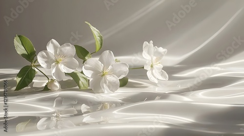 Elegant white flowers resting on silky fabric in soft light. Generative AI