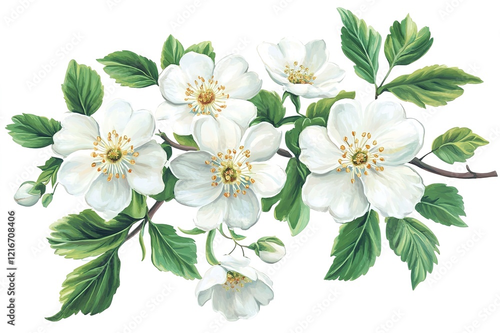 Fototapeta premium Delicate White Hawthorn Blossoms: Springtime Floral Beauty, Nature's Elegance, Botanical 