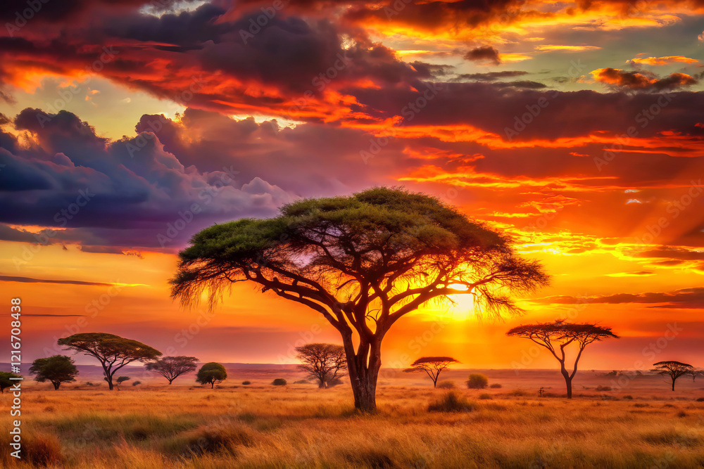 Fototapeta premium stunning sunset over African savanna, featuring acacia trees and vibrant colors