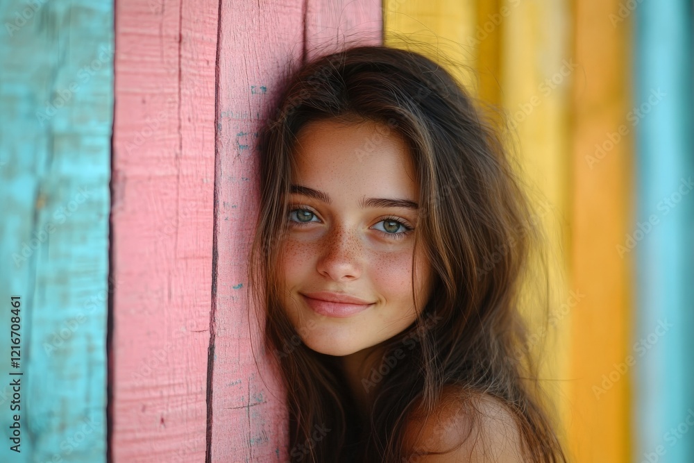 Fototapeta premium Girl with long brown hair smiling against a colorful wooden background in a bright outdoor setting during daylight hours