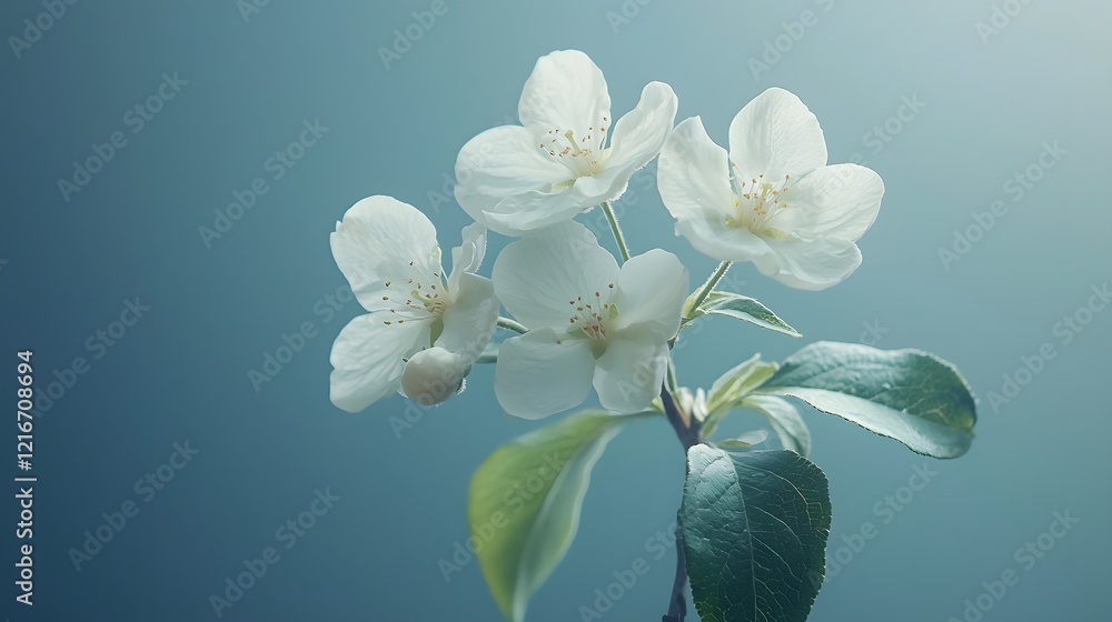 Fototapeta premium White blossoms showcase delicate beauty against a soft blue backdrop. Generative AI