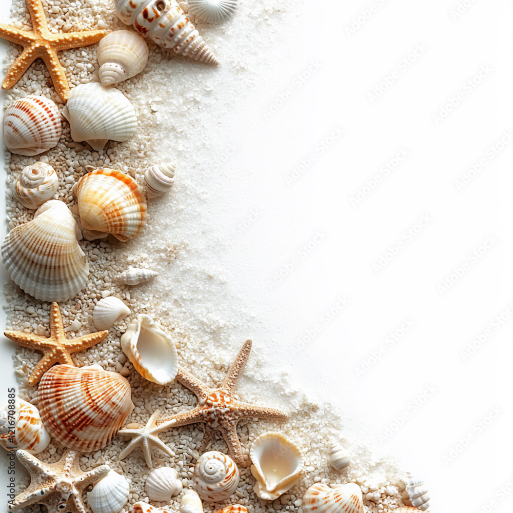 Obraz premium seashell and sand border, isolated on white background