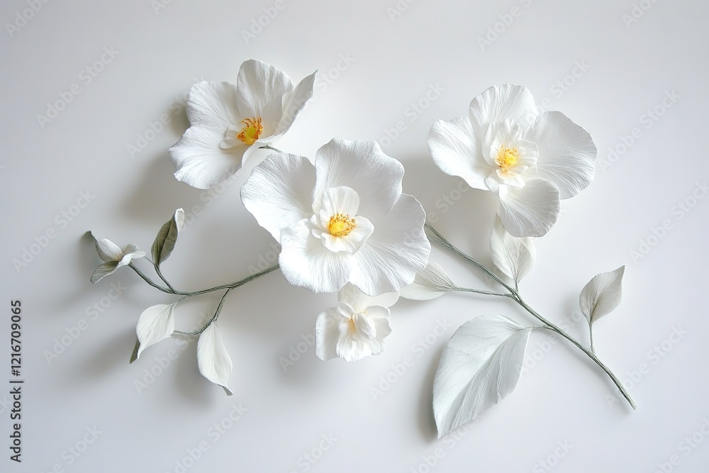 Obraz premium Elegant Single White Orchid Blossom on Pure White Background, Delicate Petals, Pristine Leaves spa 