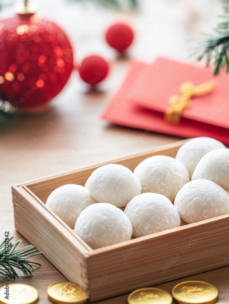 Traditional White Mochi with Festive Decor
Traditional White Mochi with Festive Decor