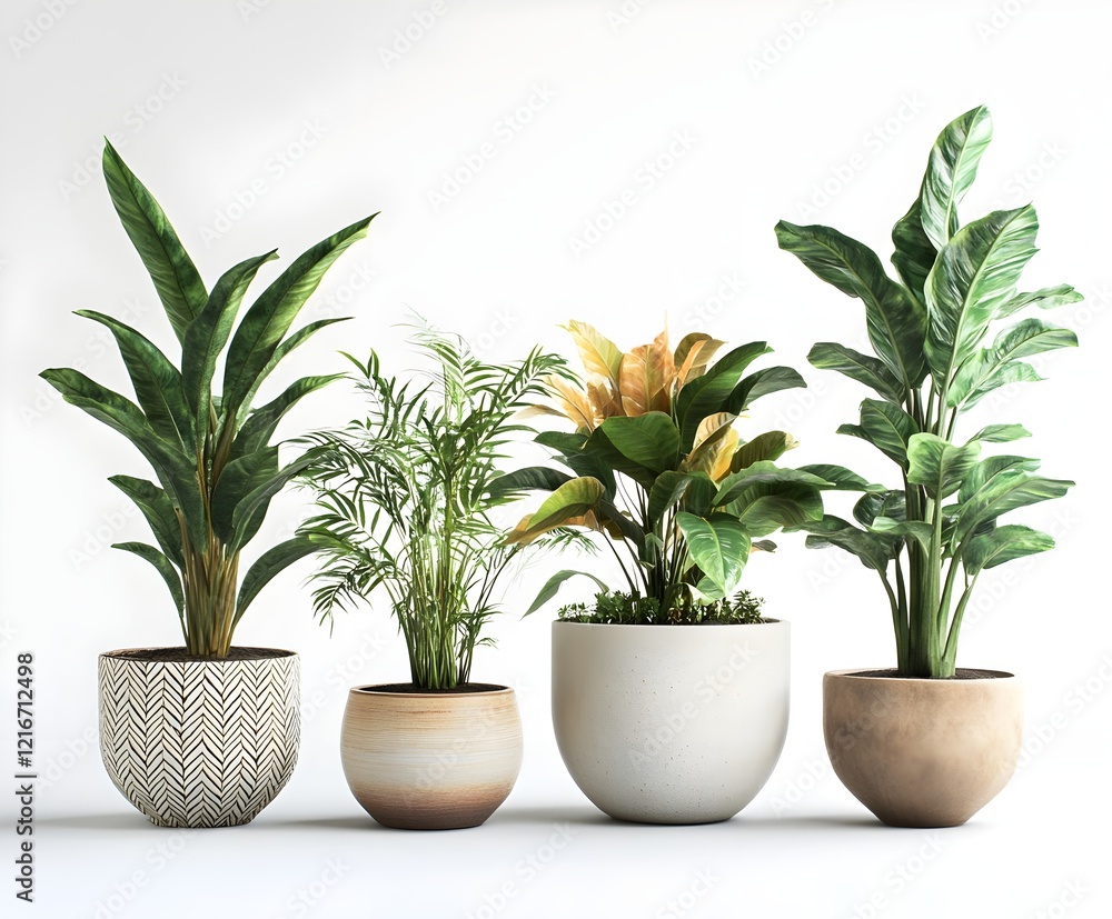 Obraz premium a modern, stylish set of 5 potted plants with large leaves, artistic flower pots of different sizes and shapes